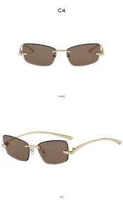 Lunettes de soleil carrées sans monture Y2K pour femme, monture métal dorée, verres marron.