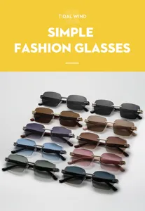 Vista detallada de gafas de sol cuadradas sin montura con elegantes lentes degradadas.