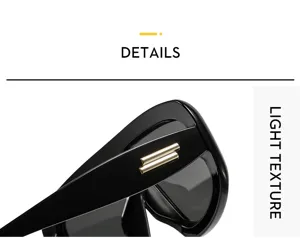 Detailansicht modischer schwarzer Sonnenbrille mit massivem Acetatrahmen und goldenem Tempel.