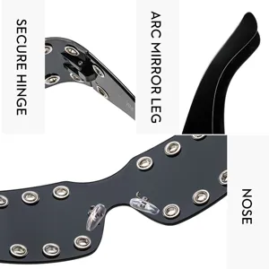 Close-up detail of futuristic punk Y2K oversized sunglasses showing hinge, leg and nose.
