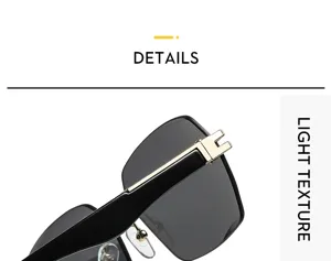 Vista detallada de gafas de sol cuadradas sin montura de moda con lentes negras y patillas.