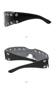 Y2K cyberpunk wrap-around sunglasses with metal grommets, trendy punk shield eyewear for women.