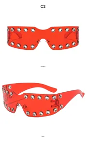 Punk rivet one-piece sunglasses Y2K style red frame cool street fashion eyewear detail view