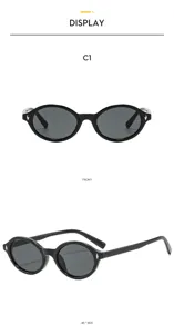 Retro oval sunglasses detail view, black frame with metal rivet accents for daily casual wear.