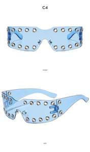 Y2K punk style metal rivet wrap-around sunglasses blue futuristic shield fashion eyewear