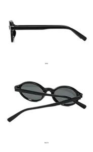 Detailed view of classic black oval sunglasses showing temple side and back design lines.