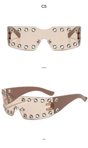 Y2K futuristic punk oversized sunglasses with metal grommets, trendy streetwear shades for women.