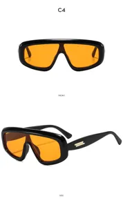 Modische Oversized-Einteiler-Sonnenbrille mit schwarzem Gestell und orangefarbenen Gläsern.