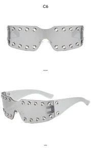 Y2K punk metal eyelet visor sunglasses detail view, trendy cyberpunk shield eyewear for women.