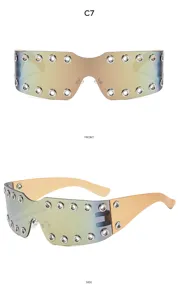Close-up detail view of Y2K cyberpunk visor sunglasses featuring metallic grommet rivets and gradient lenses.