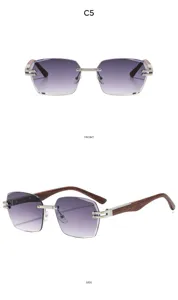 Gafas de sol sin montura degradadas con patillas de efecto madera y detalles metálicos.
