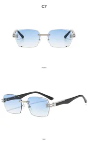Vista detallada de gafas de sol sin montura con degradado azul y elegante bisagra metálica.