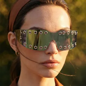 Y2K punk oversized shield sunglasses with metal grommets and side lock for street fashion.