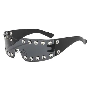 Y2K punk wrap-around sunglasses with metal eyelets, large one-piece shield fashion eyewear.