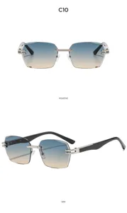 Vista detallada de gafas de sol cuadradas degradadas sin montura para vacaciones elegantes de verano.