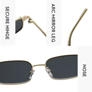 Vintage square metal sunglasses with secure hinges, curved temples and comfortable nose pads.