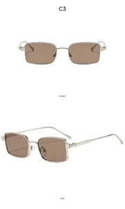 Metal square frame sunglasses detail view, stylish retro design with brown lenses.