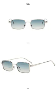 Detailed multi-angle view of trendy metal square sunglasses with gradient blue lenses for women.