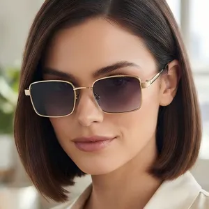 Women's metal square frame sunglasses, stylish retro sun protection eyewear worn by model.
