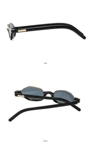 Vista detallada de gafas de sol de tendencia con montura pequeña negra y dorada.