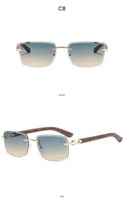 Vue détaillée de lunettes de soleil sans monture carrées avec branches en bois et détails dorés.