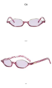 Gafas de sol poligonales estrechas de moda con lentes moradas y patillas rosas.