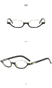 Gafas ópticas planas de montura pequeña poligonal de moda con diseño único negro y verde.