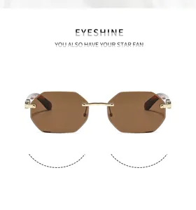 Chic rimless polygonal women's sunglasses with gradient brown lenses and stylish gold metal frame.