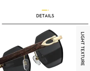 Detailed view of rimless polygon sunglasses with wood texture temples and gold hinge.