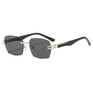 Gafas de sol cuadradas sin montura con detalles de metal dorado y patillas negras para moda.