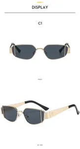 Vista detallada de las gafas de sol cuadradas de metal retro con patillas anchas.