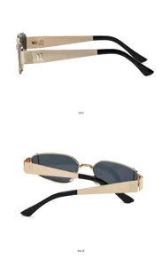 Gafas de sol elegantes con montura de metal y lentes oscuras, vista lateral y trasera para streetwear.
