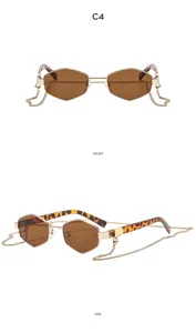 Polygon Retro Sonnenbrille mit Kette, detaillierte Front- und Seitenansicht für Outdoor-Mode.