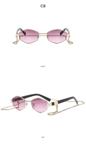 Modische polygonale Vintage Sonnenbrille mit Ketten und rosa Farbverlauf Gläsern für Damen.
