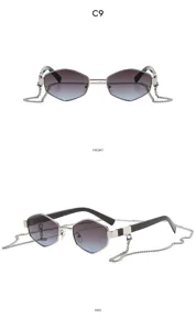 Trendige polygonale Sonnenbrille mit Metallkette, Farbverlaufslinsen und Retro-Stil.
