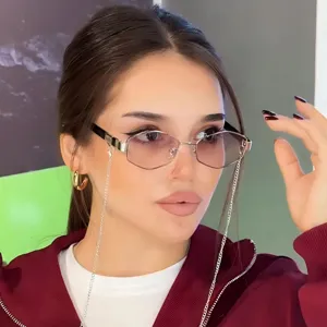 Modische polygonale Metall-Sonnenbrille mit stilvoller Kette für Damen und Sonnenschutz