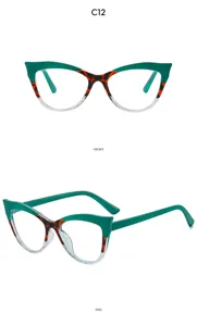 Trendy Y2K cat-eye glasses with green and tortoise color block frame for women street style.