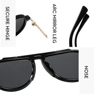 Nahaufnahme Detail der stilvollen schwarzen Sonnenbrille mit Scharnier und Bügeldesign.
