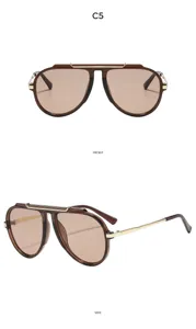 Detailansicht trendiger brauner Piloten-Sonnenbrille mit Metall-Doppelsteg und klaren Gläsern.