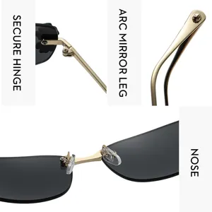 Vue detaillee de lunettes de soleil sans monture montrant la charniere et le nez.