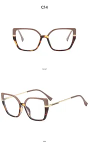 Detailansicht großer Sonnenbrillen im Cateye-Stil, Schildpatt-Design mit Metallbügeln.