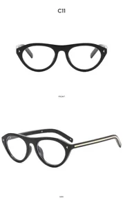 Vue détaillée des lunettes de soleil œil-de-chat noires élégantes avec rivets et lignes de côté.