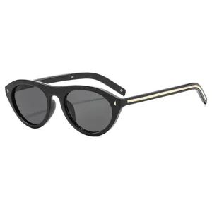 Lunettes de soleil chat noires femme monture ovale retro avec bande doree sur les branches