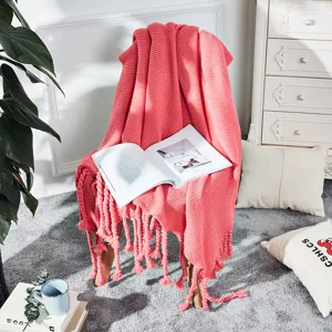 Nordische rosa gestrickte Wohndecke mit Quasten fuer Sofa Bett Heimtextilien gemuetlich