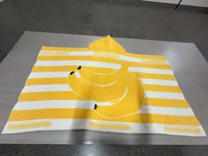 Yellow white striped hooded fleece blanket with cute banana pattern cozy soft shawl.