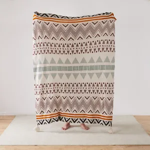 Knitted jacquard blanket with bohemian geometric patterns, cozy sofa throw for home decor.