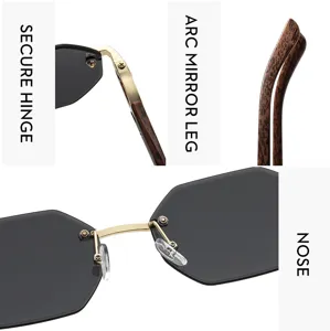Women rimless polygonal sunglasses with wood texture temples and secure metal hinge details.