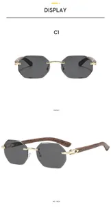 Chic rimless polygonal sunglasses with wooden temples and gold-tone metal hinges for women.