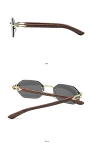 Frameless polygonal sunglasses with metal and wood grain temples for women stylish chic