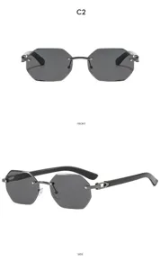 Stylish rimless polygon sunglasses for women, trendy cut-edge black lens eyewear for street snap.